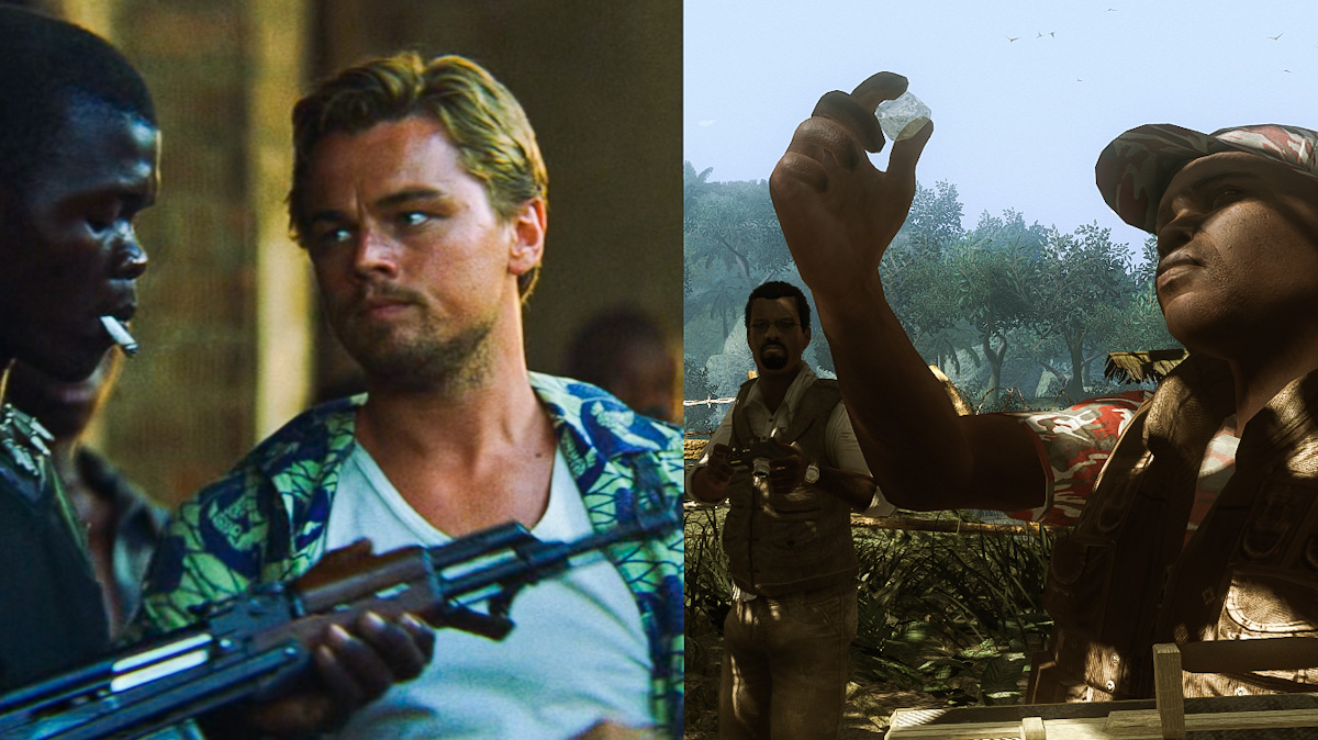 Left: Danny Archer in Blood Diamond (2006) and Right: A soldier is examining an uncut diamond in Far Cry 2