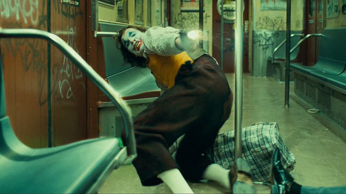 Arthur Fleck is shooting backwards on the train