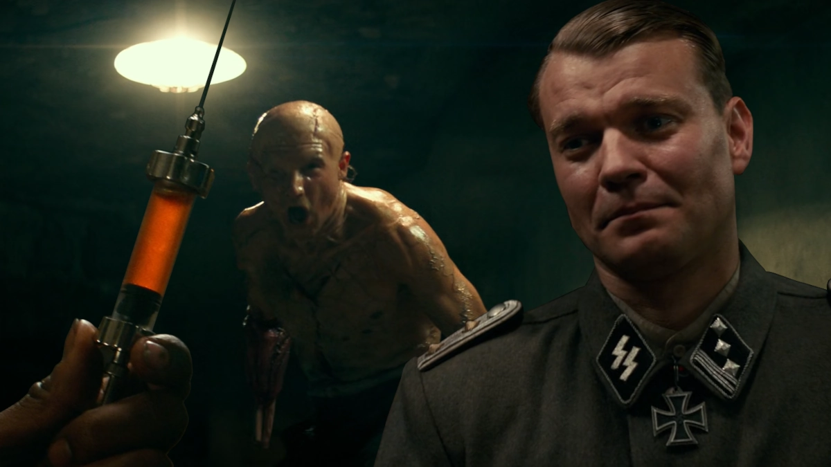 Composite picture of Private Boyce holding up a syringe of the zombie serum and Captain Wafner looking at it. In the background there is the zombie called the Mistake.