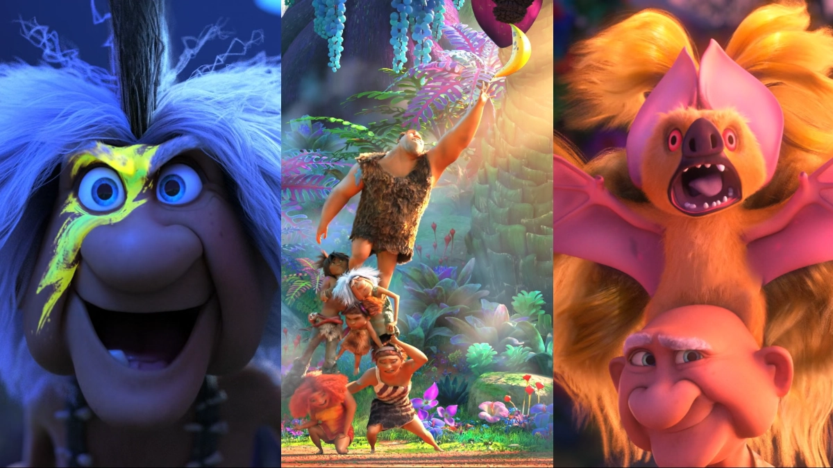 Left to right: Gran Crood in her Thunder Sister form, Croods are trying to pluck a “rare” banana, and Gran is wearing a new animal as her wig.