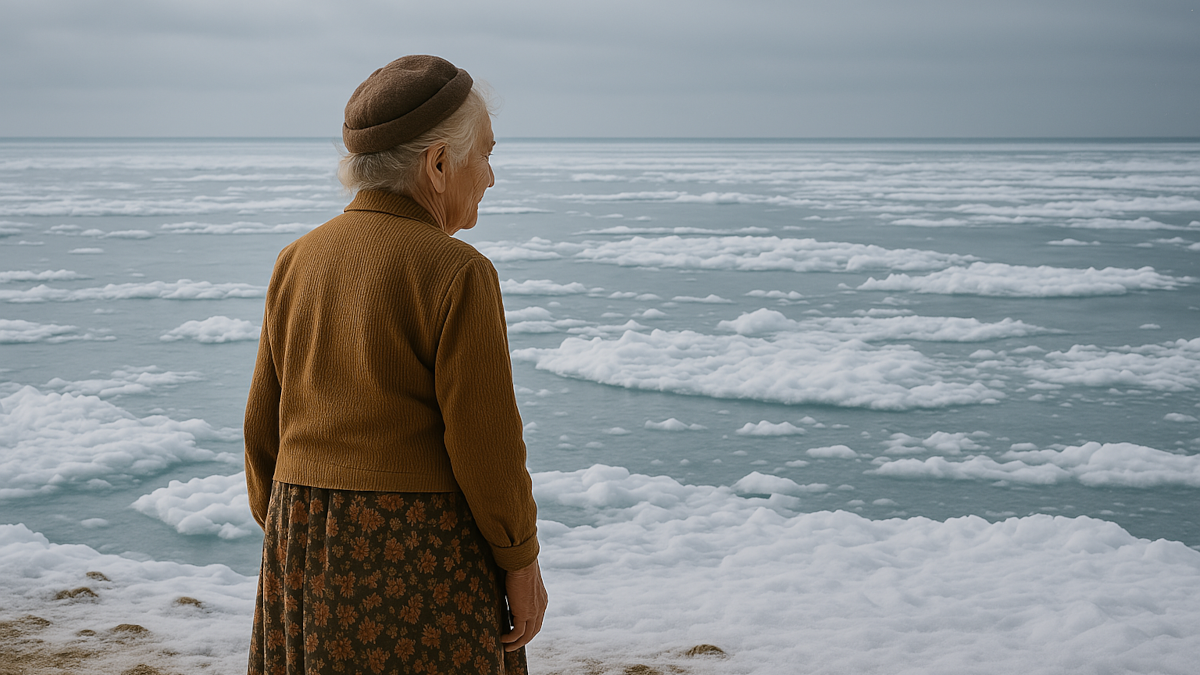 The old woman Stella Flanders is at the shore, looking out at the freezing sea (The Reach).
