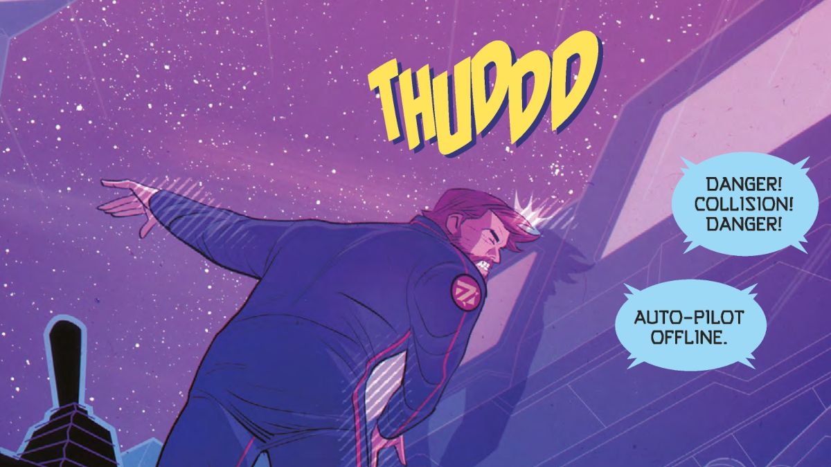 An astronaut is hitting his head on a control panel in his spaceship.