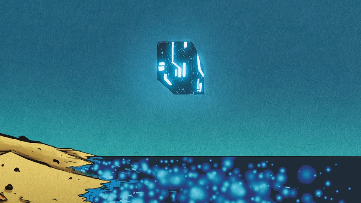 A huge alien ship is hovering over the sea. It is cube shaped and glowing with lights.