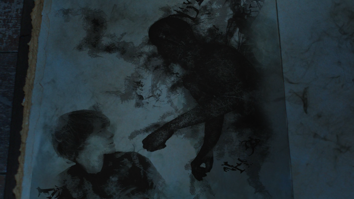 There’s a book showing a picture of a child and some dark entity floating over him.