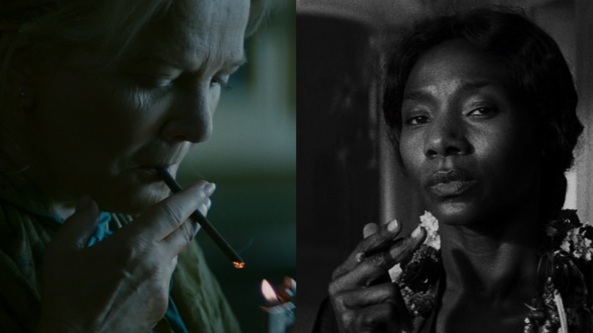 A composite picture of two women smoking black cigarettes.