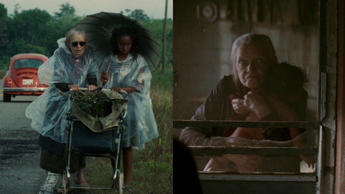 This composite picture shows an old woman and a young girl who are pushing a baby stroller on the left side. In the right side, it show an old woman who is holding a baby.