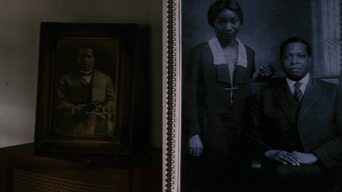 This composite picture shows two framed photographs. Left one shows a man and the right one shows a man and woman.